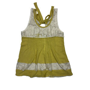 Free People Lace Tie Open Back Tank Top Crochet Boho Cottage Size 8 Yellow Ivory